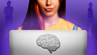 Illustration of a smirking teen at a laptop with a brain icon with two oblivious parents in the background